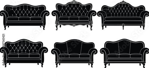 Classic and modern sofa furniture collection, black silhouette living room couch designs, flat vector illustration set, luxury interior seating icons