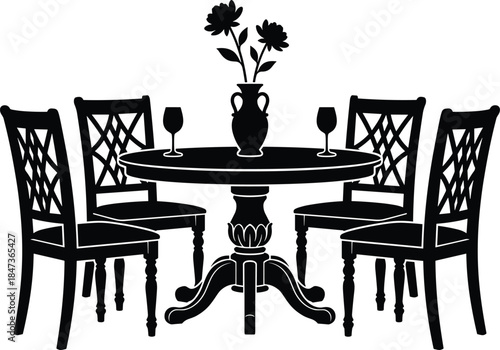 Classic dining table and chairs silhouette vector illustration, elegant interior furniture set with wine glasses and flower vase, isolated black design