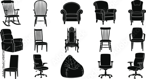 Chair collection silhouettes featuring armchairs office chairs dining seats and rocking chairs, black flat vector illustration set for furniture design