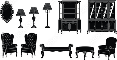 Classic vintage furniture silhouette collection featuring lamps mirror cabinets chairs bench and table, elegant antique interior decor black flat vector illustration