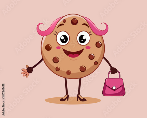 Cute cartoon chocolate chip cookie character with pink hair and handbag