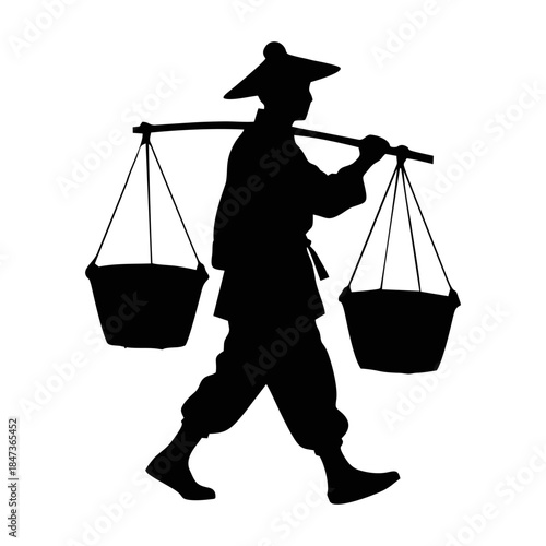 silhouette of a person carrying a yoke containing a basket