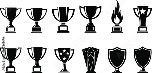 Collection of black trophy and award icons, championship cups and shields, minimalist silhouette vector set for sports, competition, achievement and success branding