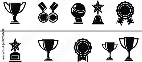Collection of trophy and award icons, black silhouette vector illustration set for achievement, competition, championship, success, prize, medal design, branding, templates, sports