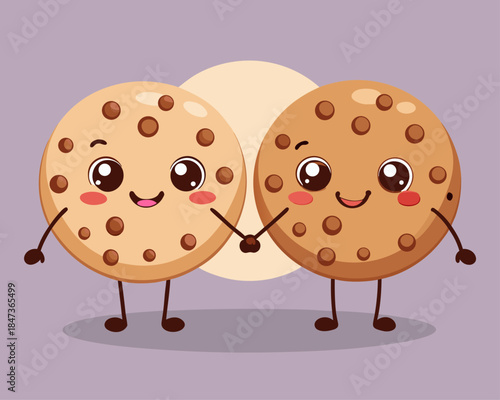 Two cute chocolate chip cookies holding hands with happy faces