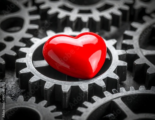 Glossy red heart rests on a series of interlocked mechanical gears