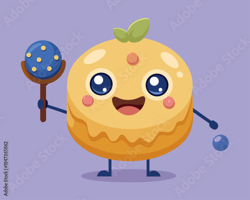 Cute round yellow character holding a maraca and a ball