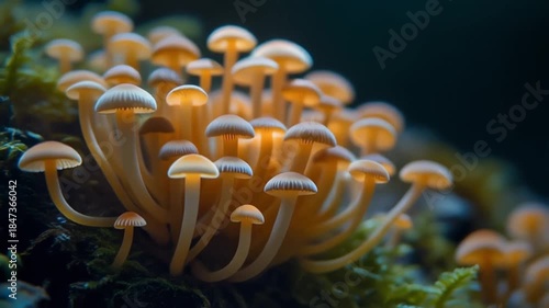Aesthetic close-up of a fungal colony glowing under soft ambient light footage