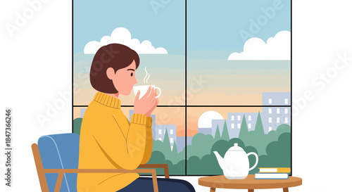 Cozy Morning Woman Enjoying Coffee By The Window In Flat Illustration