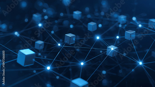 Blockchain Network Concept: Connected Glowing Cubes.