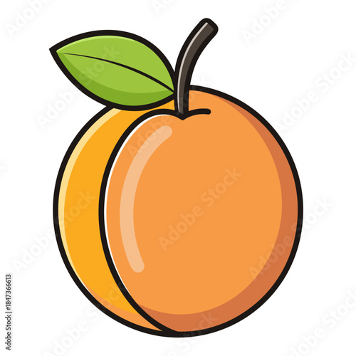 A vibrant cartoon illustration of a single ripe peach with a green leaf and stem