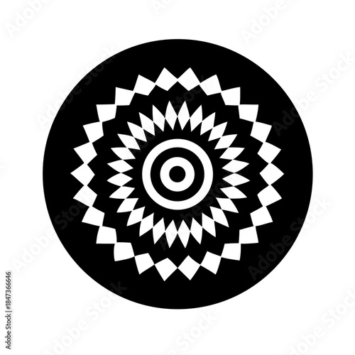Circular geometric mandala design with sharp, contrasting white elements on a black background