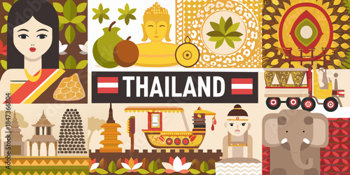 A vibrant thai cultural collage with traditional symbols and iconic imagery