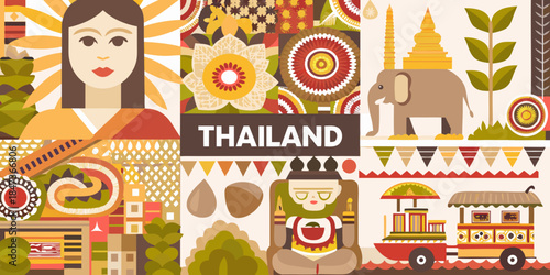 Colorful thailand illustration featuring cultural icons animals and traditional design elements