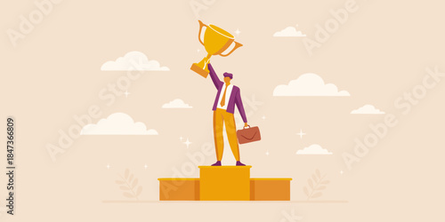 A victorious businessman stands proudly on a podium with a golden trophy