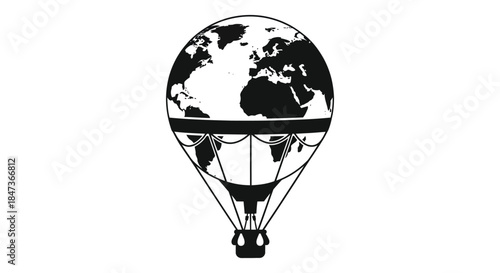 A striking black and white image of a world globe contained within a hot air balloon silhouette