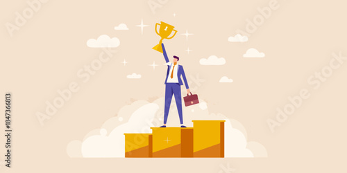 A businessman celebrates success standing on a golden pedestal with a trophy