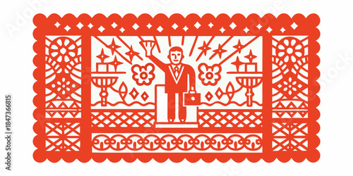 Intricate papel picado design featuring a man with a briefcase in a city scene