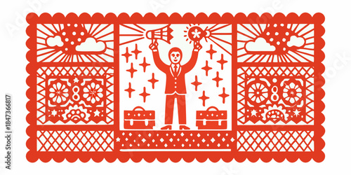 Papel picado design featuring a celebratory scene with a musician and gifts