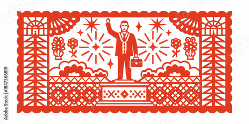 A vibrant paper cut art depicting a man with a suitcase and festive decorations