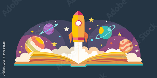 A rocket launching from an open book amidst planets and stars