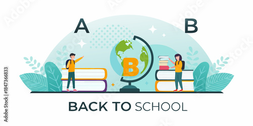 Students with globe and books illustrate the concept of back to school learning