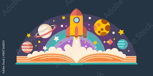 A colorful rocket launching from an open book into a cosmic scene