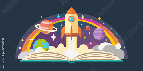 A rocket launching from an open book into a colorful cosmic scene