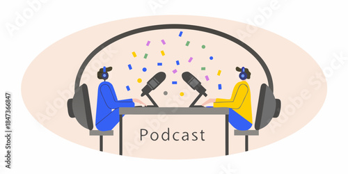 Two people recording a podcast with microphones and studio headphones