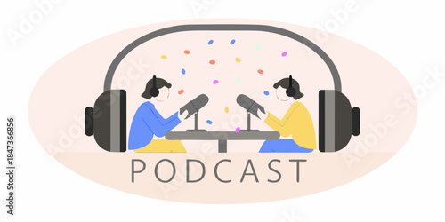 Illustration of two people recording a podcast with headphones and microphones