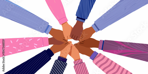 Diverse hands joined together in a circle symbolizing unity and collaboration