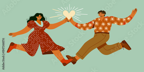 A joyful couple running and sharing a glowing heart illustration