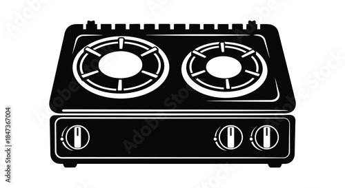 black and white illustration of a vintage gas stove with burners and knobs silhouette
