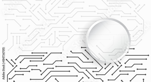 Minimalist technology background with abstract circuit lines and a clean circular frame, ideal for innovation concepts, digital design, interfaces, and modern tech presentations.