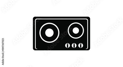 A minimalist black and white illustration of a retro cassette player a striking silhouette