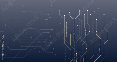 Abstract technology background with elegant circuit lines and nodes on a dark gradient, symbolizing digital networks, data flow, innovation, and modern electronics.