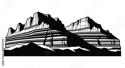 Dramatic mountain range illustration featuring layered rock formations and a bold black silhouette