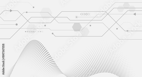 A clean futuristic background with thin circuit lines, hexagonal elements, and flowing dotted waves in soft gray tones, representing digital technology and data flow.