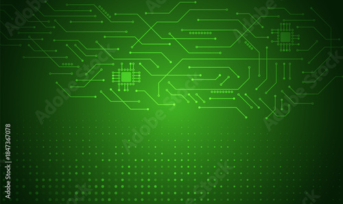 A green futuristic technology background with glowing circuit lines, microchip elements, and dotted patterns, representing digital networks, electronics, and modern computing systems.