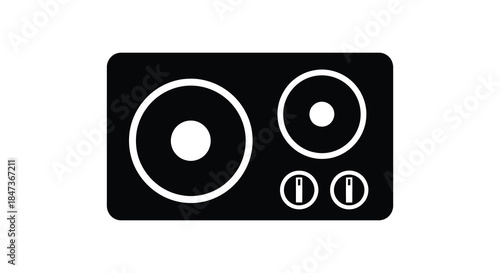 A minimalist depiction of a black speaker system with circular drivers and controls silhouette