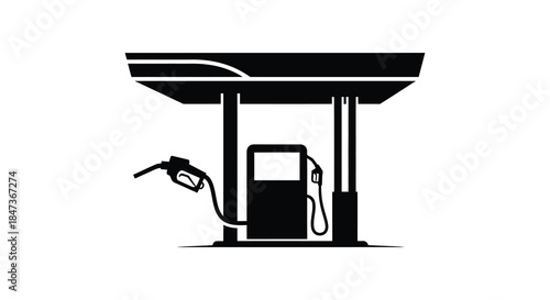 A minimalist illustration of a gas station canopy with a fuel pump presented as a silhouette