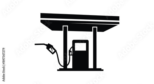 A simple black and white illustration depicting a gas station with a distinct silhouette