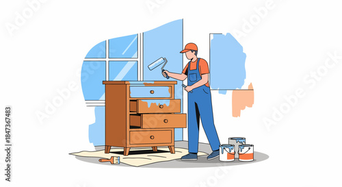 Handyman Restoring Wooden Furniture With Paint And Roller Indoors