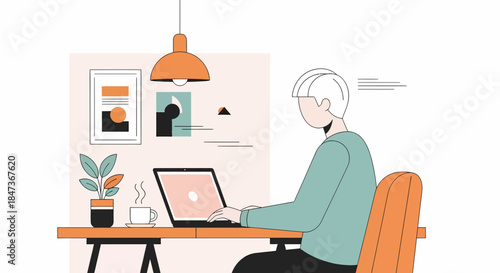 Illustration Of Man Working From Home With Laptop And Coffee