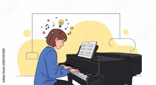 Illustration Of Young Woman Playing Piano With Musical Notes Around Head