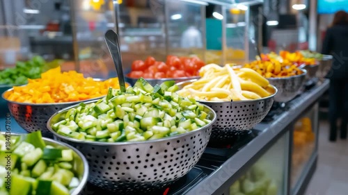 Fresh vegetables arranged in bowls at a market during the day for customers to choose from during their shopping