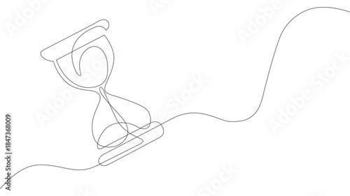 One continuous line drawing of an hourglas with sand. Retro timer as time passing concept for countdown and business deadline in simple linear style isolated on white. Doodle vector illustration. 