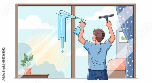 Man Cleaning Windows With Spray And Squeegee At Home