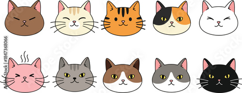 Set of cute cartoon cat faces with different colors and expressions isolated on white background vector