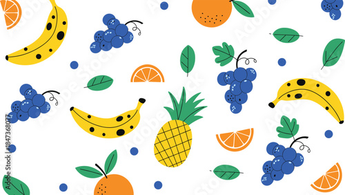 Seamless tropical fruit pattern with bananas grapes pineapple oranges leaves colorful summer food flat vector illustration